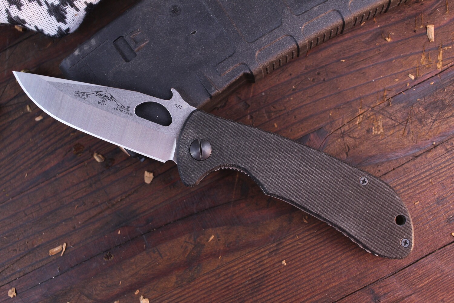 Emerson Endeavor SF 3.4&quot; Wave Hook Folder / Black G10 / Stonewash 154CM ( Pre Owned )