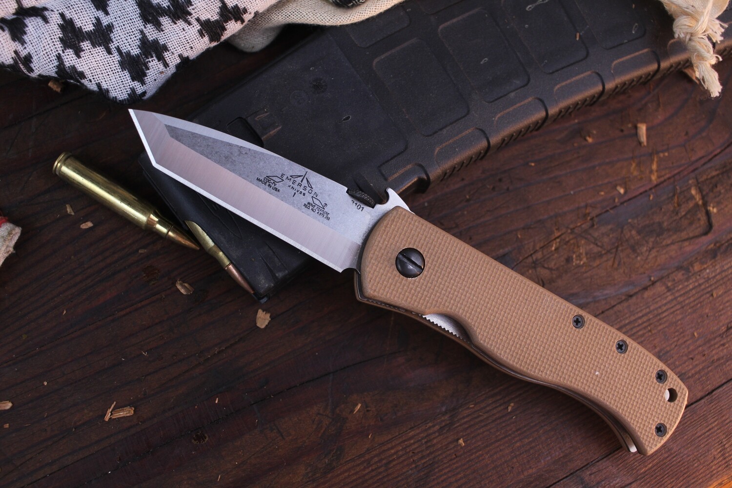 Emerson CQC-7V SF 3.3&quot; Wave Hooke Tanto Folder / Tan G10 / Stonewash 154Cm ( Pre Owned )