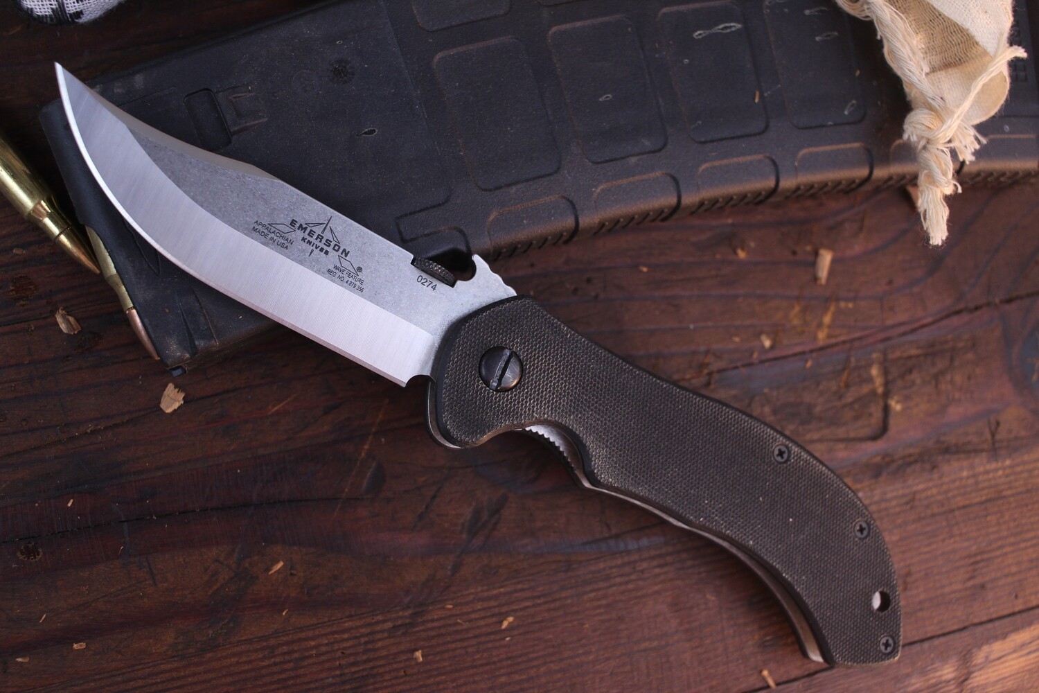 Emerson Appalachian 3.7&quot; Wave Hook Liner Lock / Black G10 / Stonewash 154Cm ( Pre Owned )