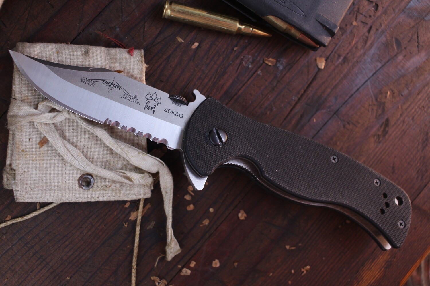 Emerson Rangemaster Sheepdog 3.5&quot; Wave Hook Bowie Flipper / Black G10 / Stonewash Serrated 154CM ( Pre Owned )