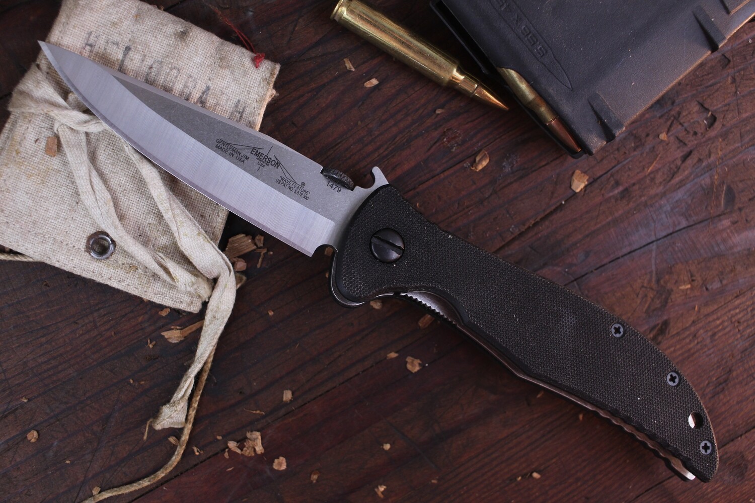 Emerson Gentleman Jim SF 3.75 Wave Hook Folder / Black G10 / Stonewash 154CM ( Pre Owned )