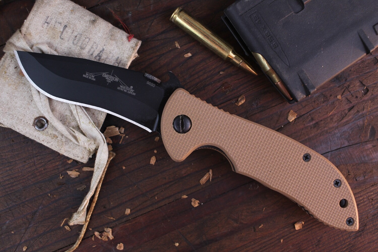 Emerson Mini-Commander BT 3.4&quot; Wave Hook Folder / Tan G10 / Black 154CM ( Pre Owned )