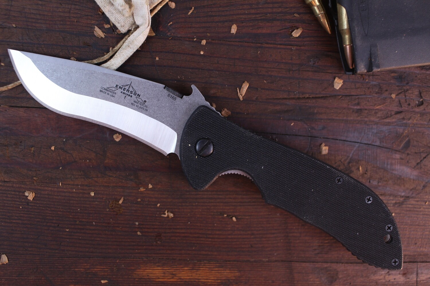 Emerson Commander SF 3.75&quot; Wave Opening Folder / Black G10 / Stonewash 154CM ( Pre Owned )