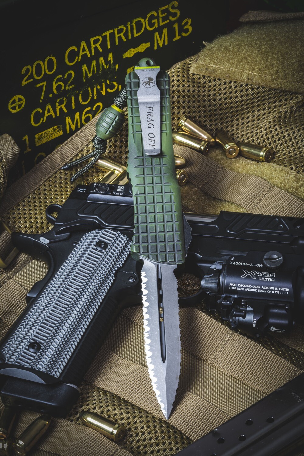 Microtech Combat Troodon D/E 4&quot; OTF / Frag Off Series Green Aluminum / Stonewash Serrated