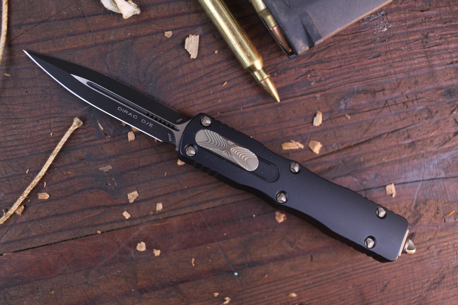 Microtech Proof Run Dirac D/E 2.92&quot; Auto OTF / Black Aluminum &amp; Bronze Hardware / Black 204P - SN 432