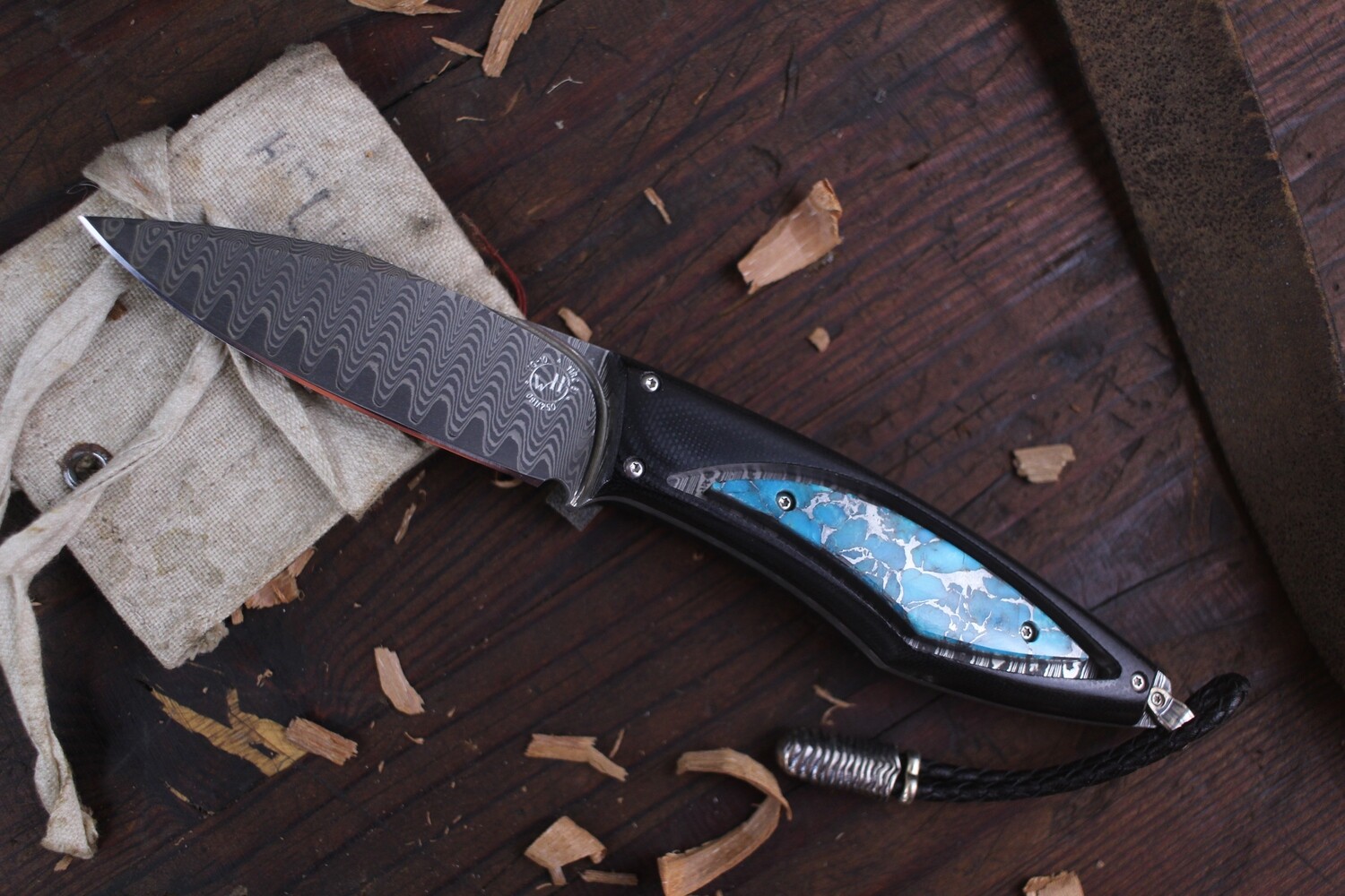 William Henry F28 Tuscon 3&quot; Fixed Blade  /  Black G10 Handle &amp; Turquoise Inlays / Wave Pattern Damascus With VG-10 Core