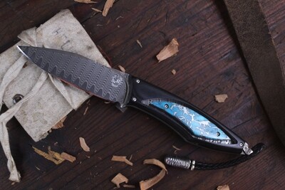 William Henry F28 Tuscon 3" Fixed Blade  /  Black G10 Handle & Turquoise Inlays / Wave Pattern Damascus With VG-10 Core