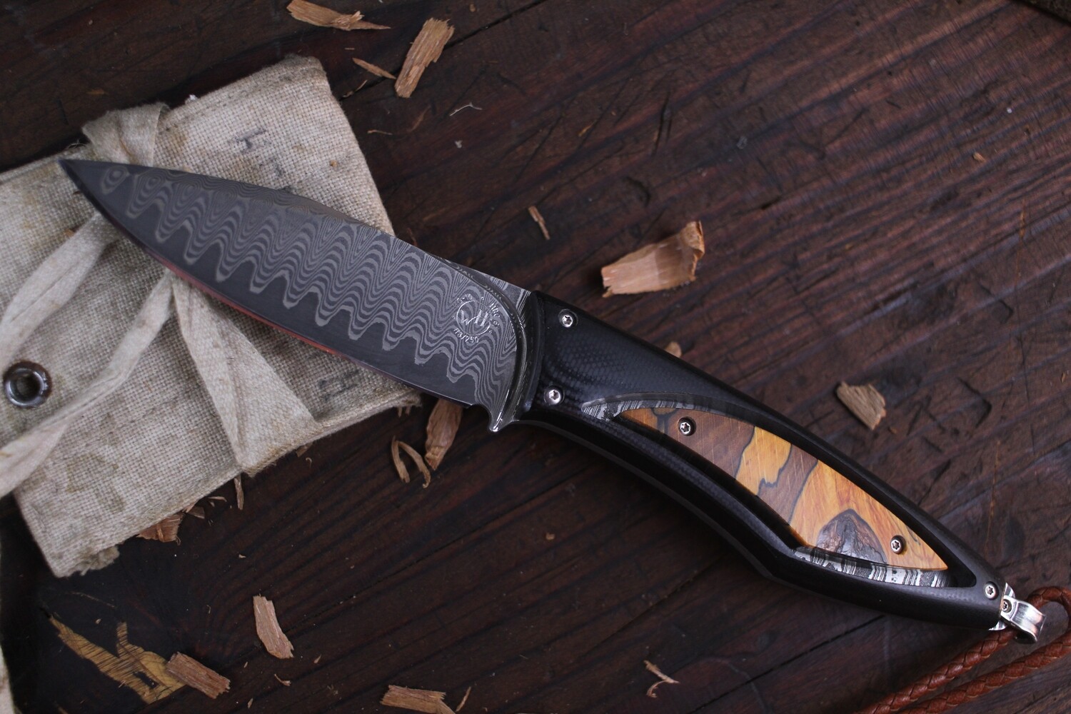 William Henry F28 Grove 3&quot; Fixed Blade /  Black G10 Handle &amp; Beech Wood Inlays / Wave Pattern Damascus With  VG-10 Core 