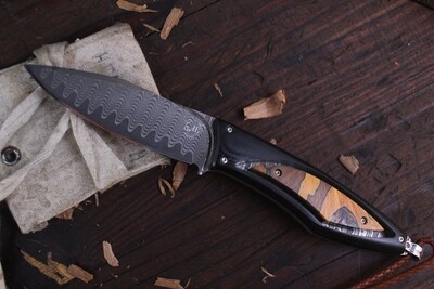 William Henry F28 Grove 3" Fixed Blade /  Black G10 Handle & Beech Wood Inlays / Wave Pattern Damascus With  VG-10 Core 