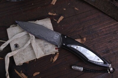 William Henry F28 Coast 3" Fixed Blade  / Black G10 Handle & Pearl Inlays / Wave Pattern Damascus With VG-10 Core