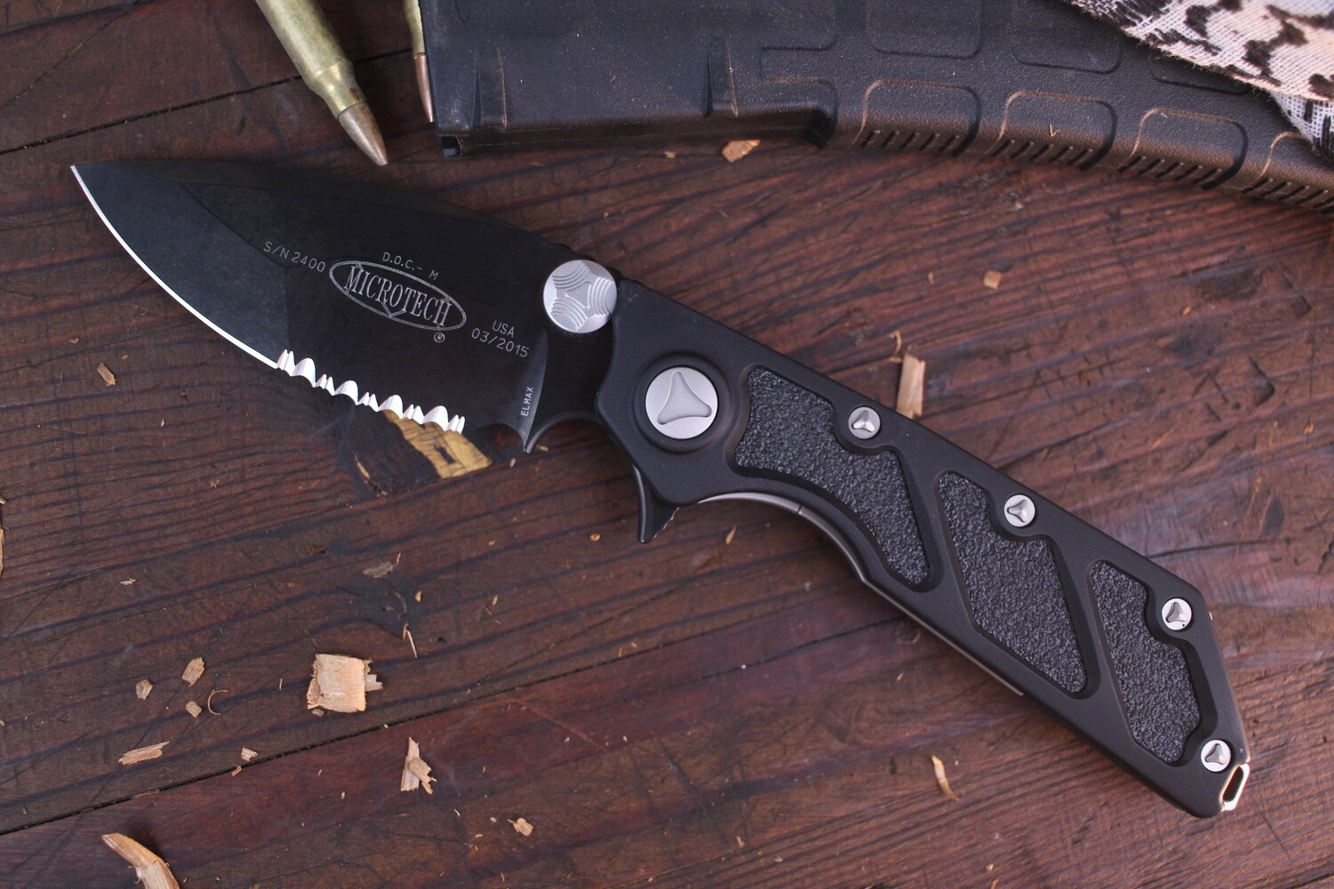 Microtech DOC 3.75&quot; Automatic Knife / Black Aluminum / Partially Serrated Black Elmax Spear Point  (Pre Owned)