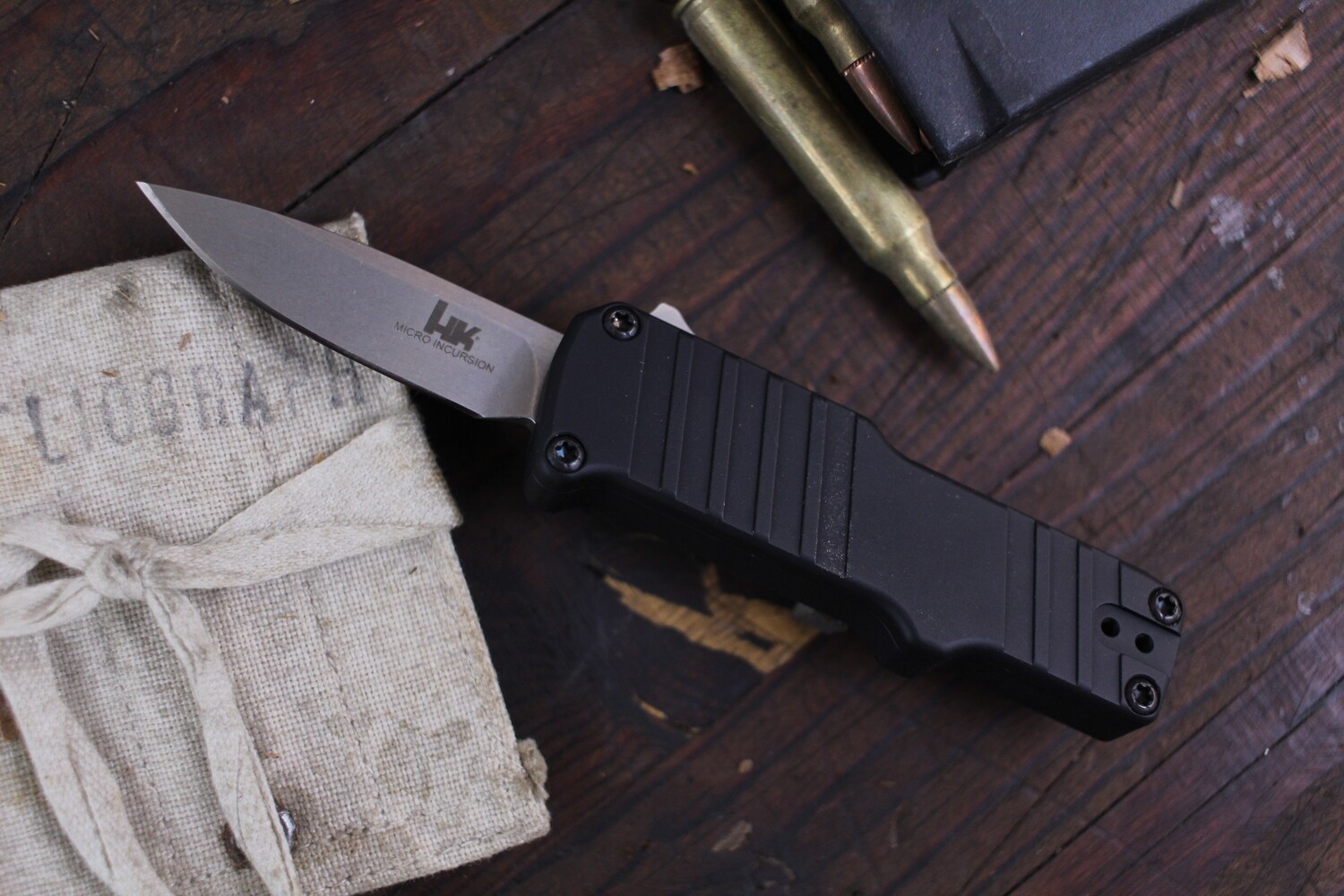 HK Micro Incursion 2&quot;  Automatic  OTF /  Tumbled Matte Black Aluminum / Stonewash 154CM