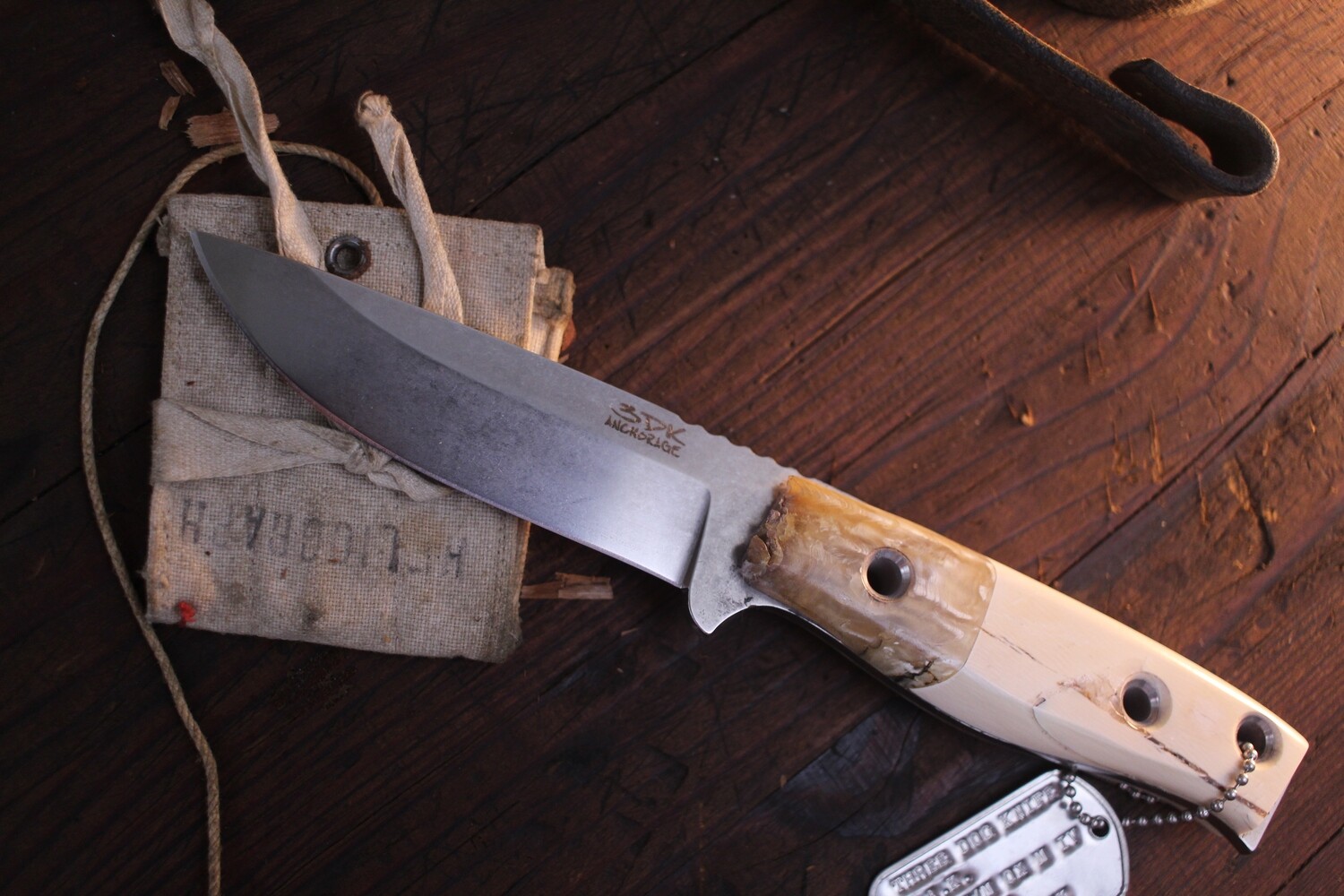 3DK Custom MAK 4&quot; Fixed Drop Point, Elmax Blade / Mammoth Ivory Handle &amp; Musk Ox Bolster