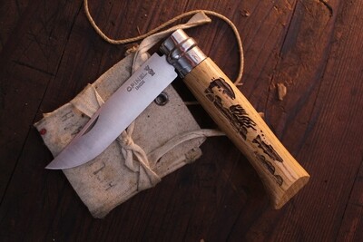 Opinel Knives No. 8 3.28" Knife, Beechwood / Engraved Handle, Trout / Satin Stainless