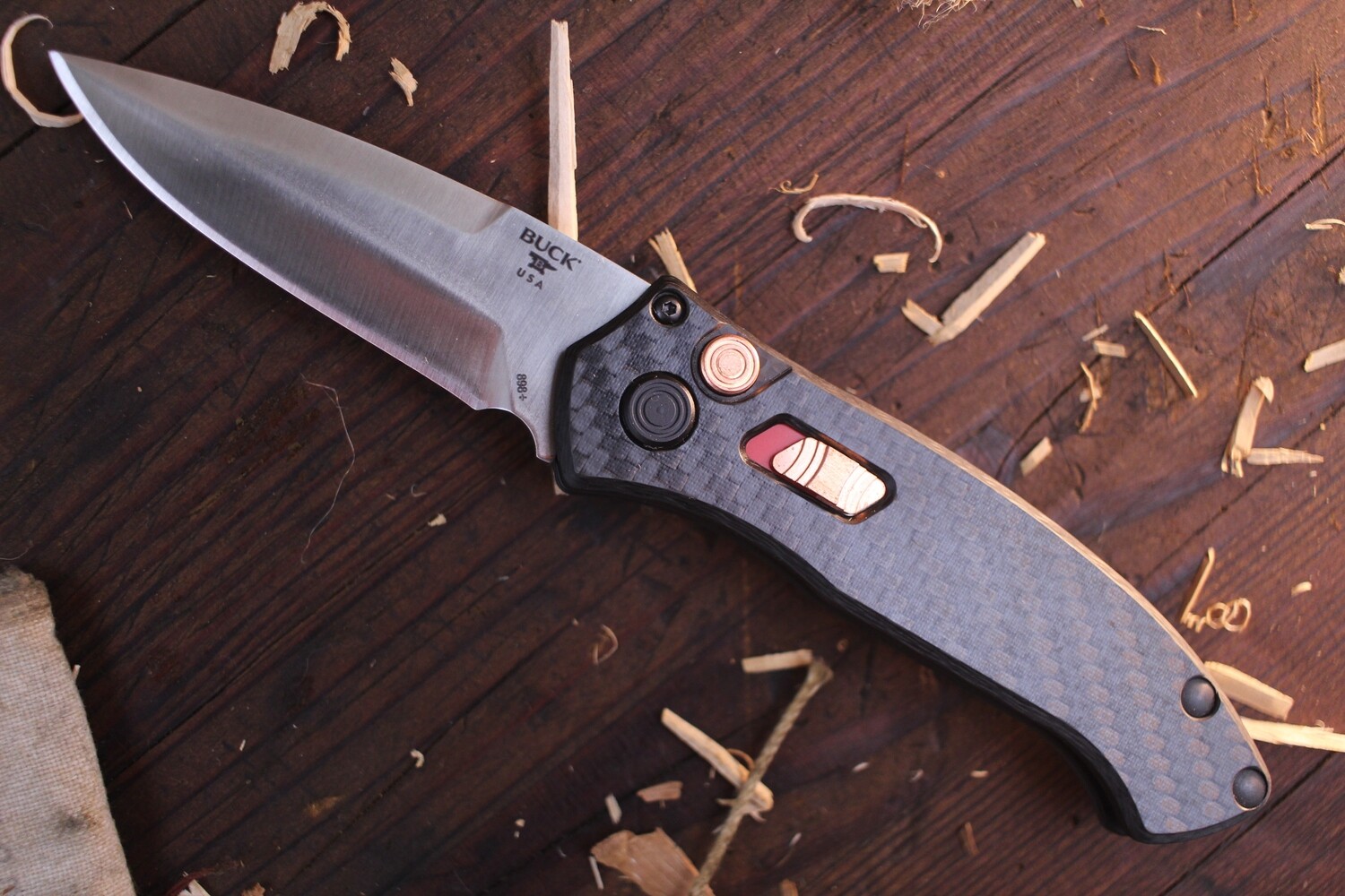 Buck Impact Pro 3.125&quot; Automatic Folder / Carbon Fiber &amp; Copper Hardware / Satin S35VN ( Discontinued )
