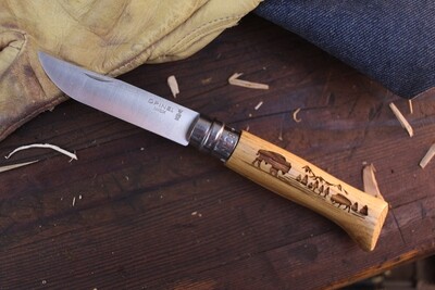 Opinel Knives No. 8 3.35” Folder / Oak Engraved With Bison Scene / Satin Sandvik Stainless ( Discontinued )