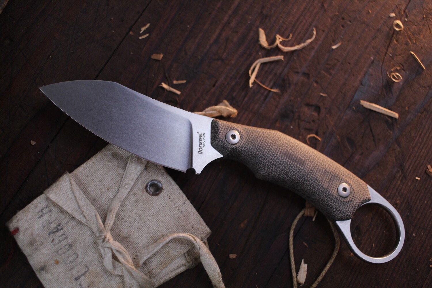 LionSTEEL H1 3&quot; Fixed Blade Knife / Green Canvas Micarta Handle / Stonewash M390 Steel