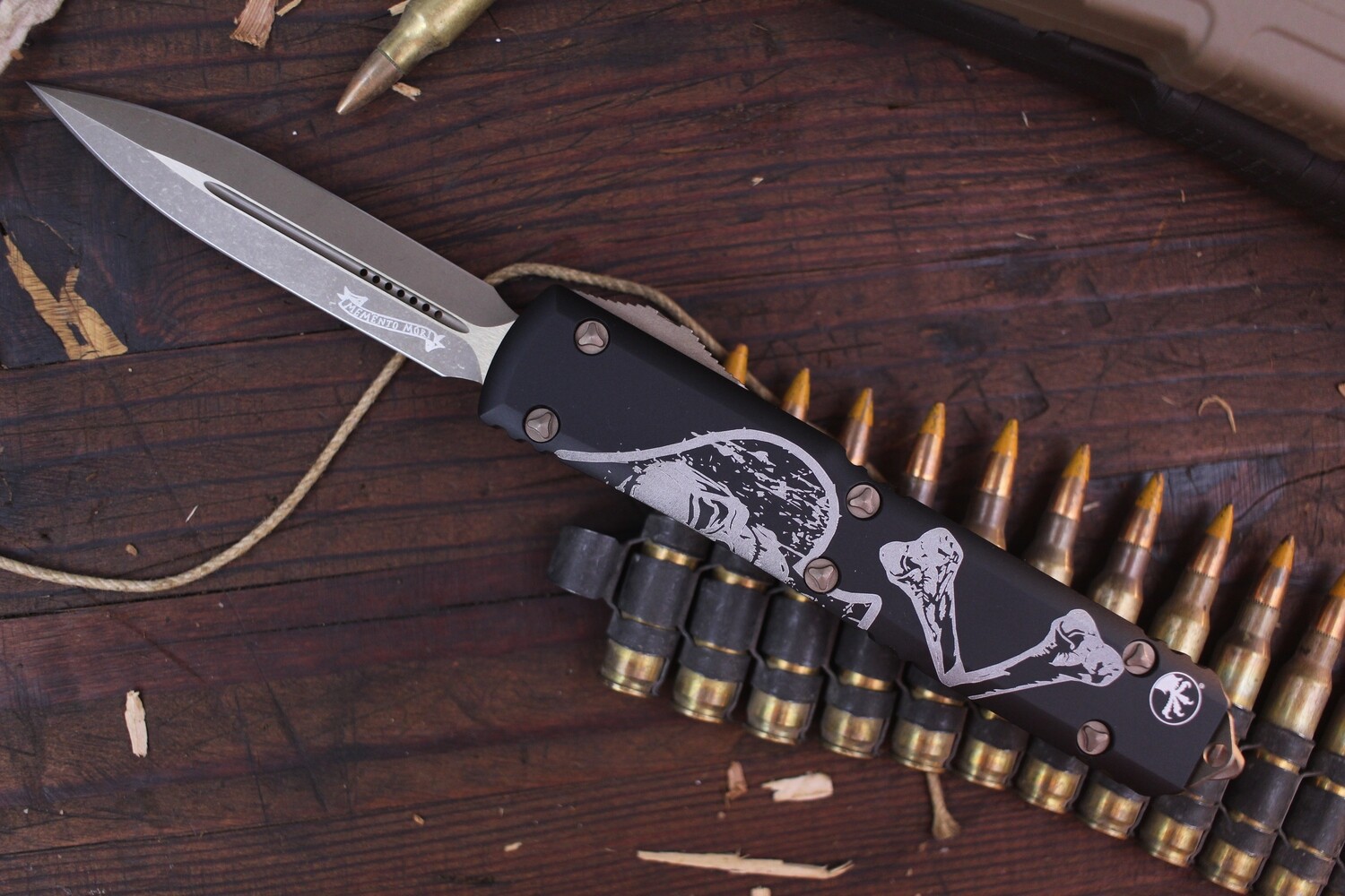 Microtech Signature Series Ultratech 3.4&quot; D/E OTF Automatic / Black Aluminum With Death Card Engraving / Bronze Apocolyptic