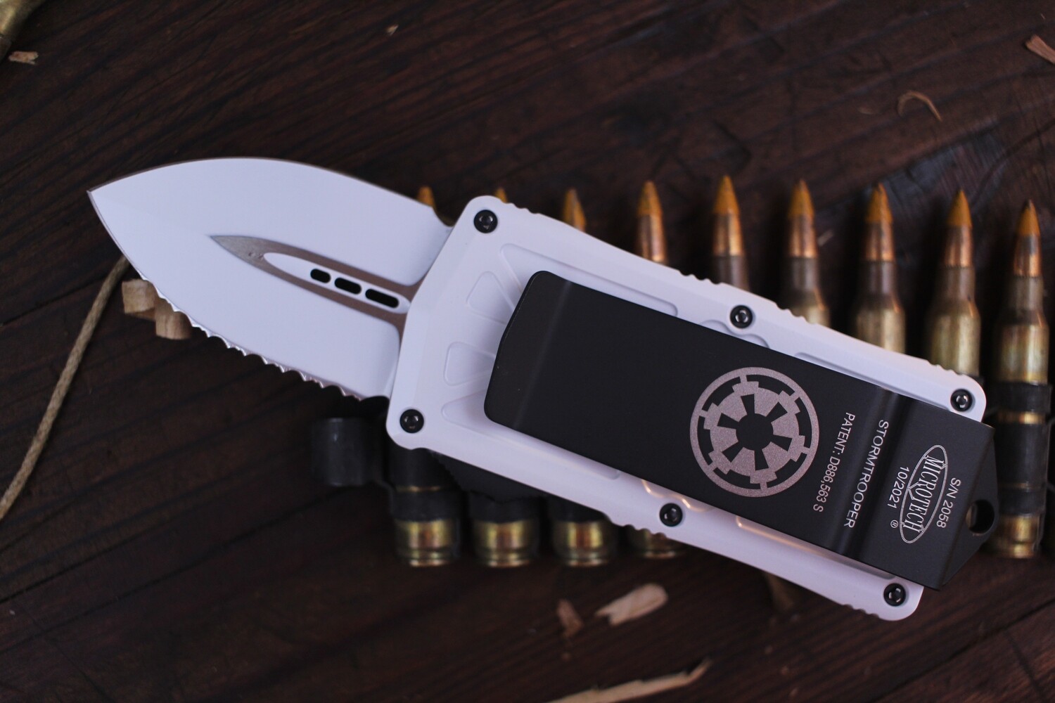 Microtech Stormtrooper Exocet D/E 1.98" OTF Automatic /White Aluminum & Empire Themed Hardware /  White Full Serrated