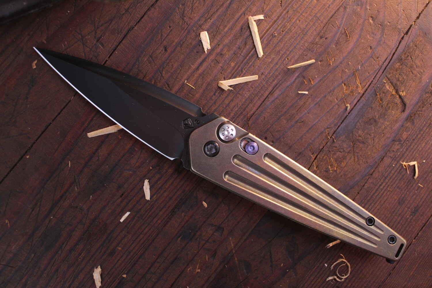 Medford Knife and Tool (MKT) Nosferatu 3.5&quot; Plunge Lock Auto, Bronzed Titanium &amp; PVD Black Hardware / Blk PVD S35VN Spear Point