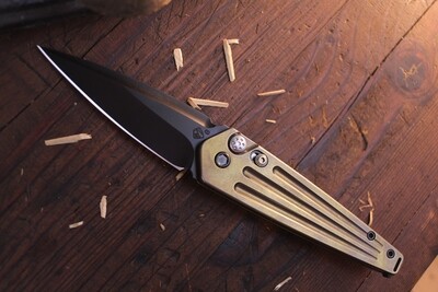 Medford Knife and Tool (MKT) Nosferatu 3.5&quot; Plunge Lock Auto / Bronzed Ti &amp; Saftey, PVD Blk Hardware  / Blk S35VN Spear Pt