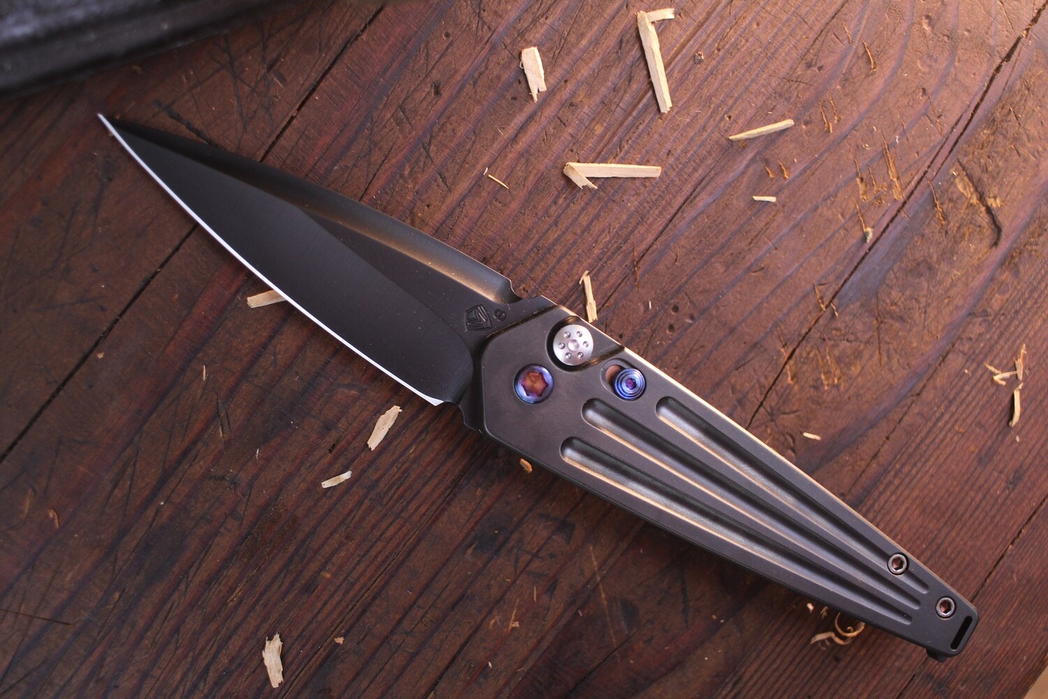 Medford Knife and Tool (MKT) Nosferatu 3.5&quot; Plunge Lock Auto / Black PVD Titanium &amp; Flamed Hardware / Black PVD S35VN Spear Pt