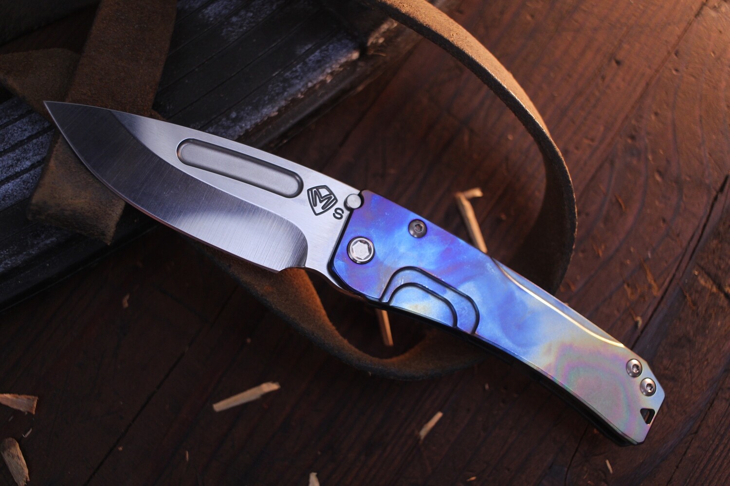 Medford Knife and Tool (MKT) Slim Midi Marauder 3.625&quot; Framelock Folder / Flamed &amp; Black PVD Titanium / Stonewashed S35VN