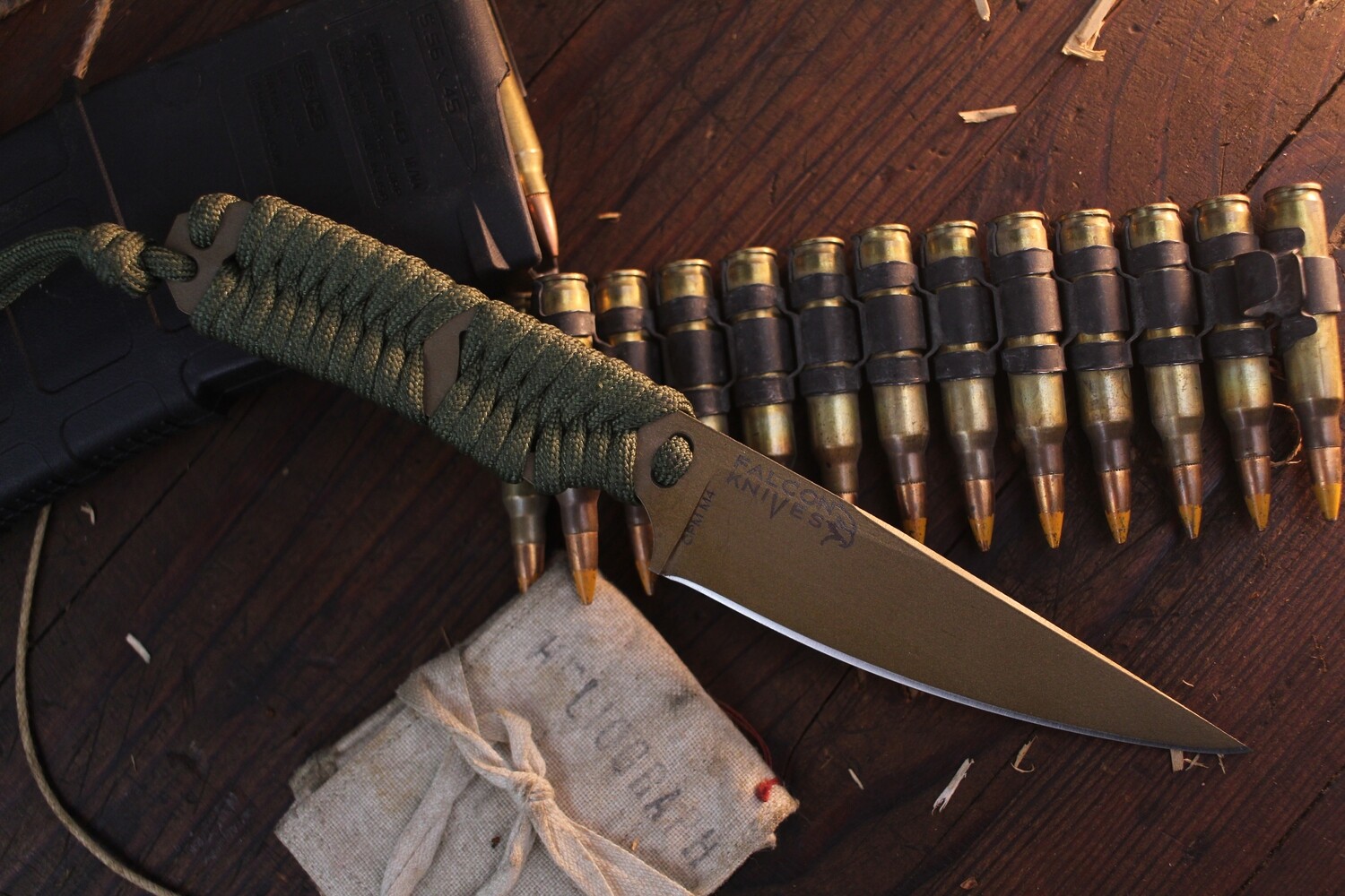 Falcon Knives Skeleton 4” Fixed Blade / OD Green Paracord / Burnt ...