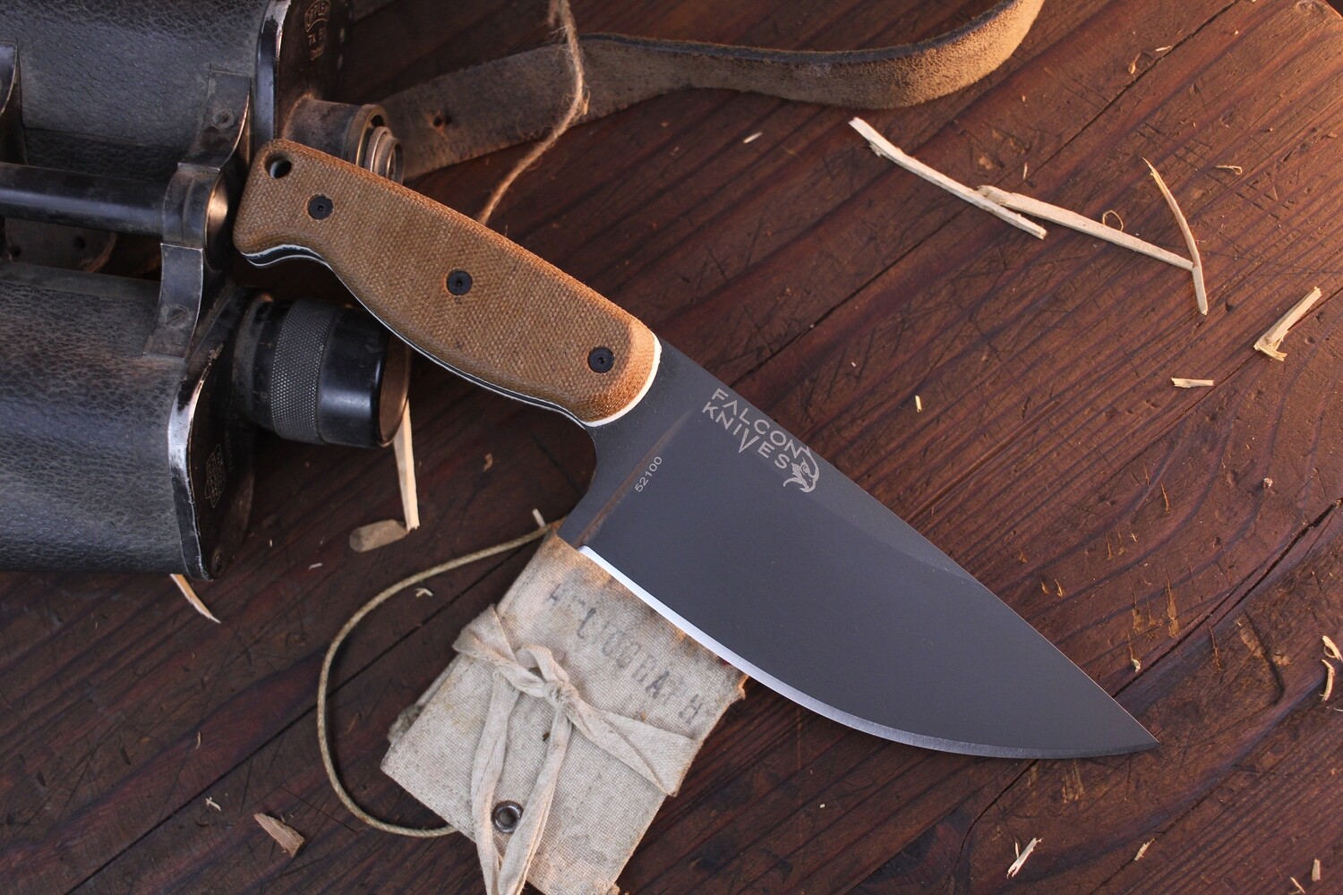 Falcon Knives Large Camp 5.5” Fixed Blade Chopper / Natural Canvas Micarta &amp; White G-10 Liners / Gray 52100