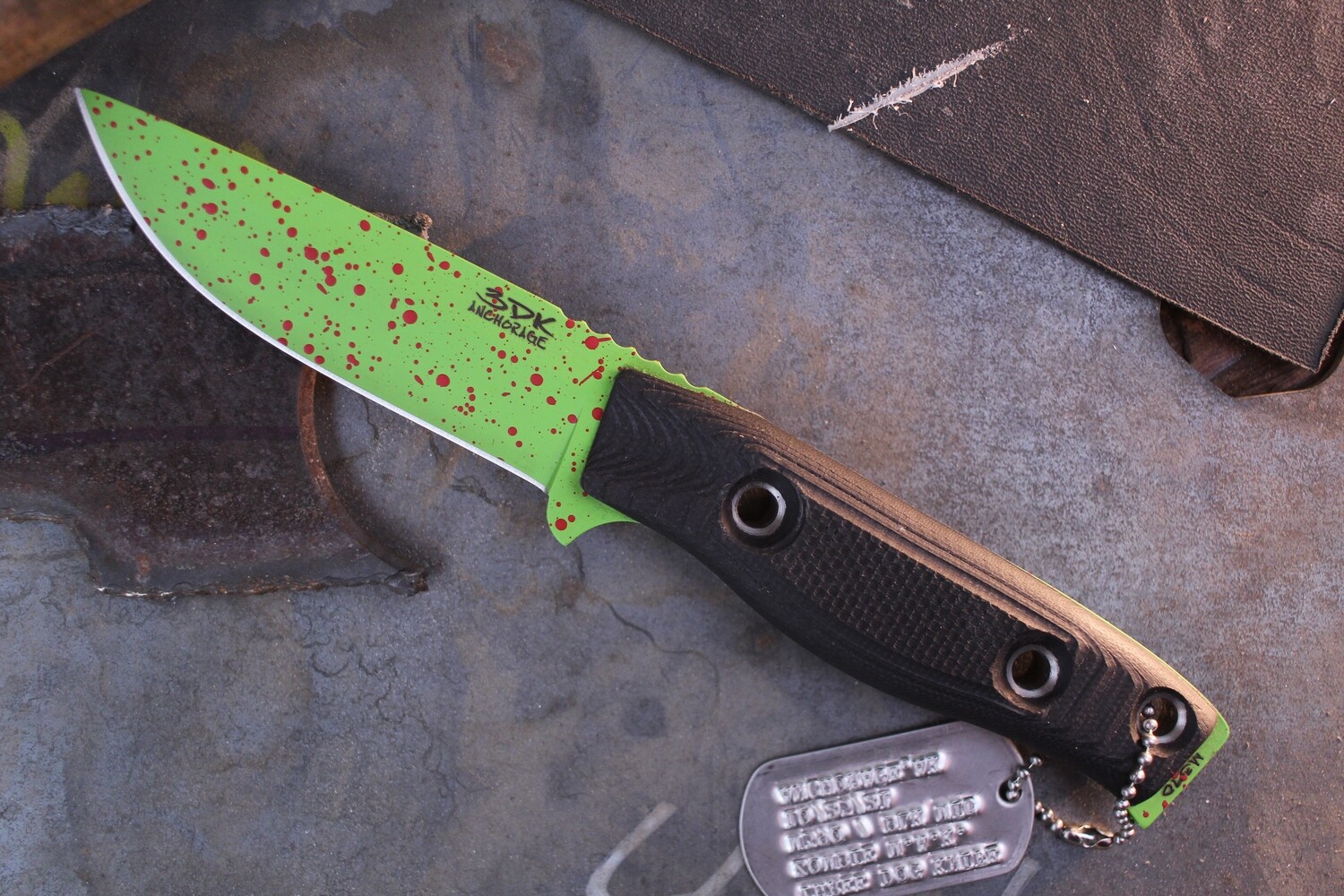 3DK "Because Zombies" MAK 4" Fixed Drop Point, Green With Red Splatter Cerakote M390 Blade / Black G10 Handle