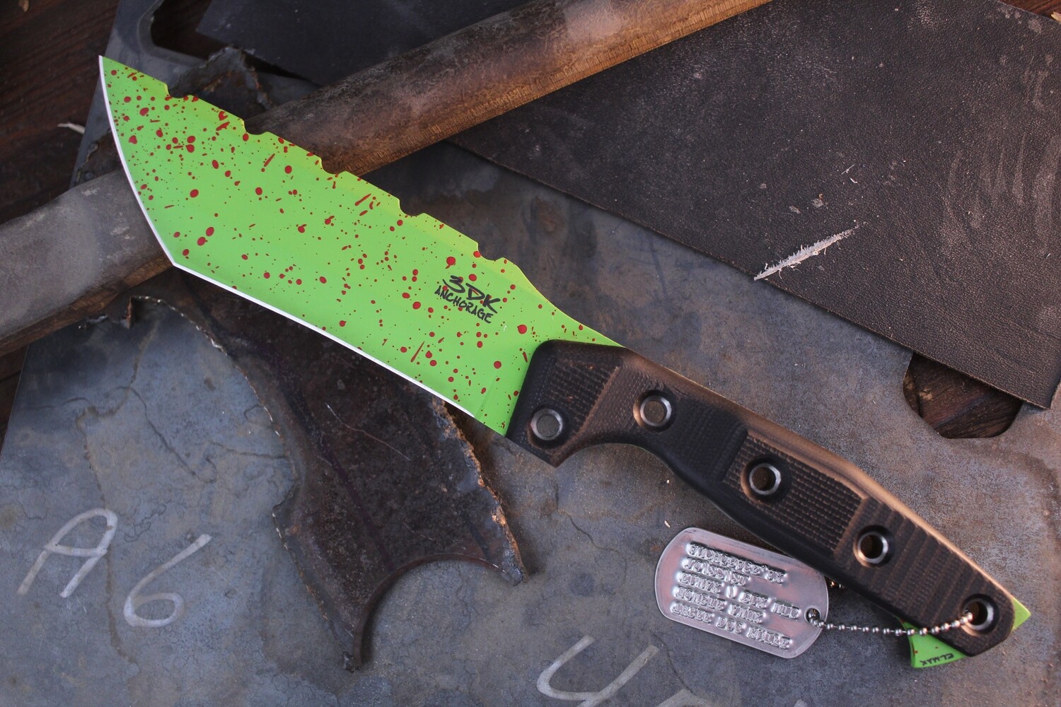 3DK &quot;Because Zombies&quot; Amuk 6&quot; Fixed Tanto Point, Green With Red Splatter Cerakote Elmax Blade / Black G10 Handle