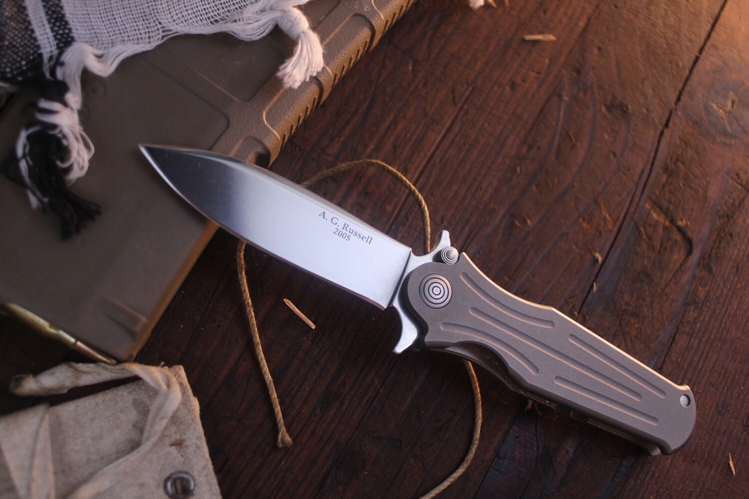 A.G. Russell Sting 2.75&quot; Spear Point Flipper / Bead Blast Titanium / Satin 154CM ( Pre Owned )