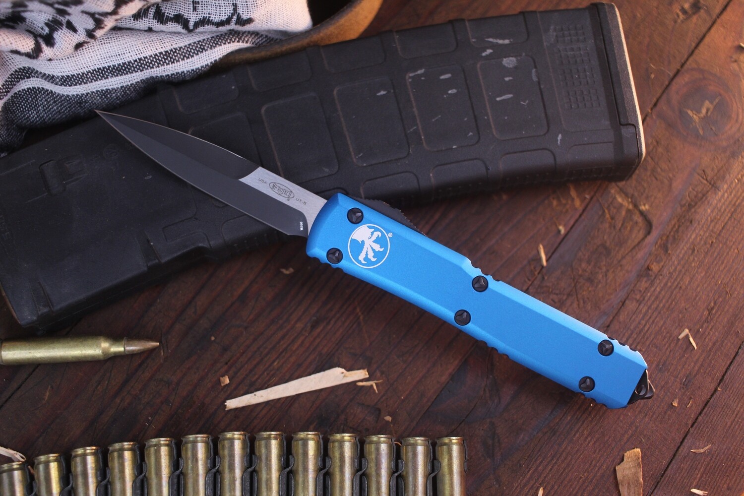 Microtech Ultratech Bayonet 3.4&quot; Automatic OTF /  Blue Aluminum &amp; Black Hardware / Black Blade