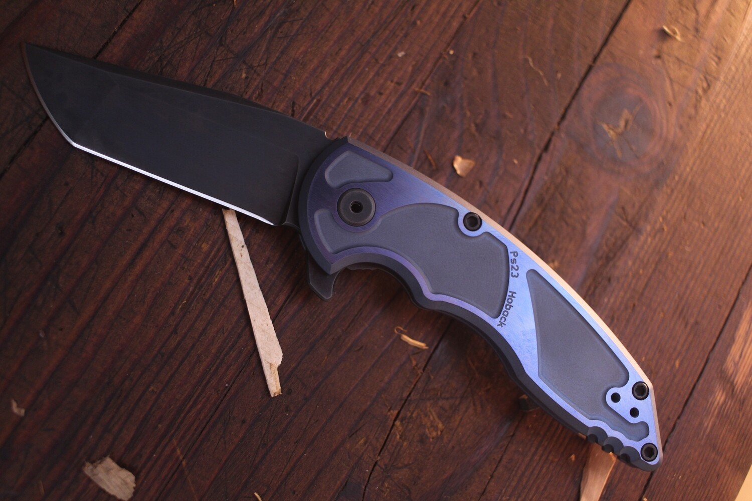 Jake Hoback Knives A8 Slimline 3.125&quot; Frame Lock Flipper / Blue Anodized Two Tone Titanium / Black 20CV