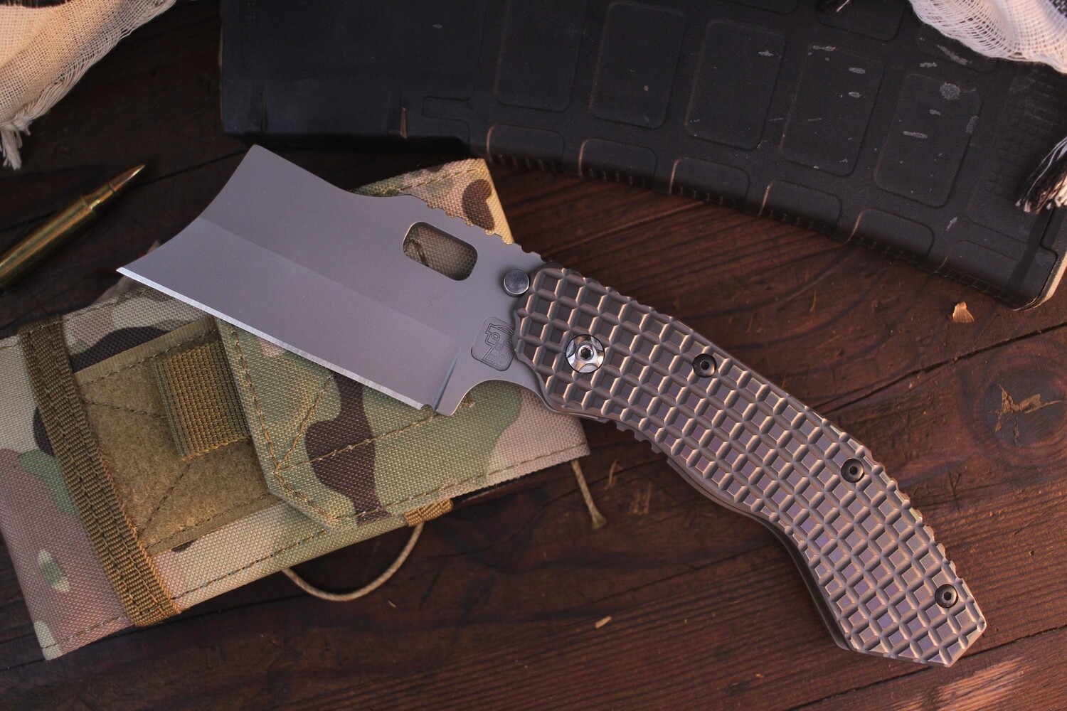 Trouble Blades Custom Debt Collector 3.75&quot; Cleaver Folder / Frag Pattern Titaniunm / Bead Blast 4V
