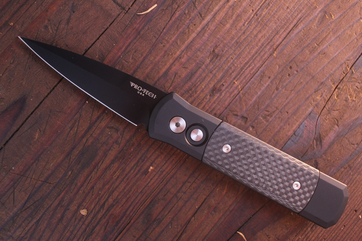 Pro-Tech Godson 3.15&quot; Stiletto Button Lock Automatic / Black Aluminum &amp; Carbon Fiber / Black 154CM
