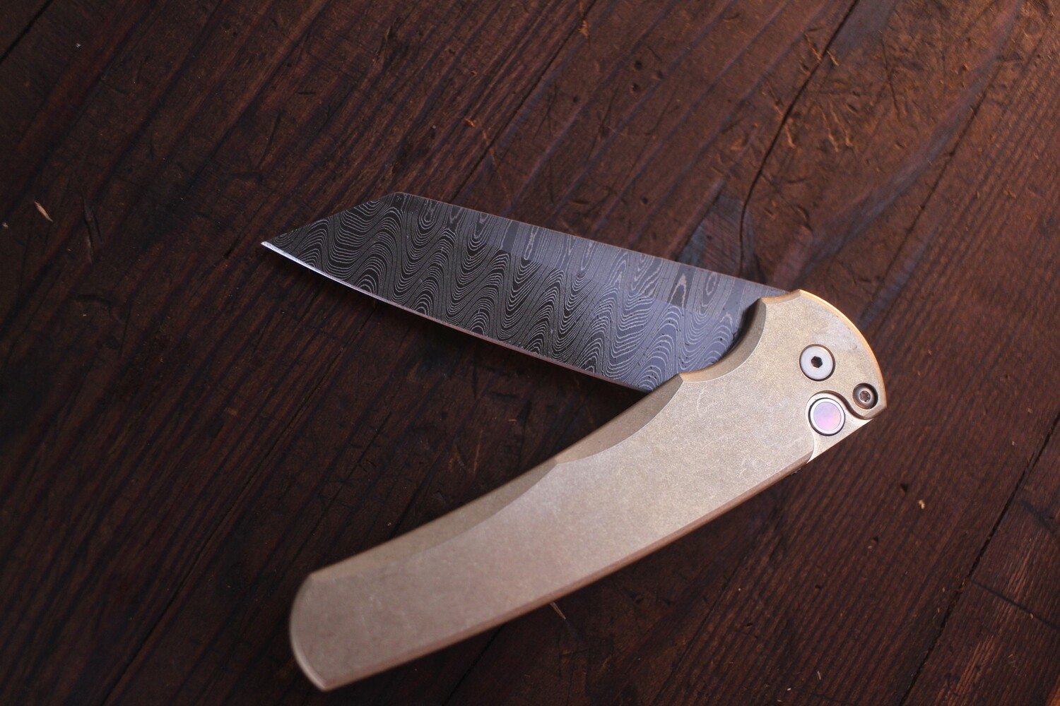 Pro-Tech Malibu 3.3&quot; Reverse Tanto Plunge Lock Flipper / Bronzed Aluminum &amp; Mother Of Pearl Button / Nichols Ladder Damascus