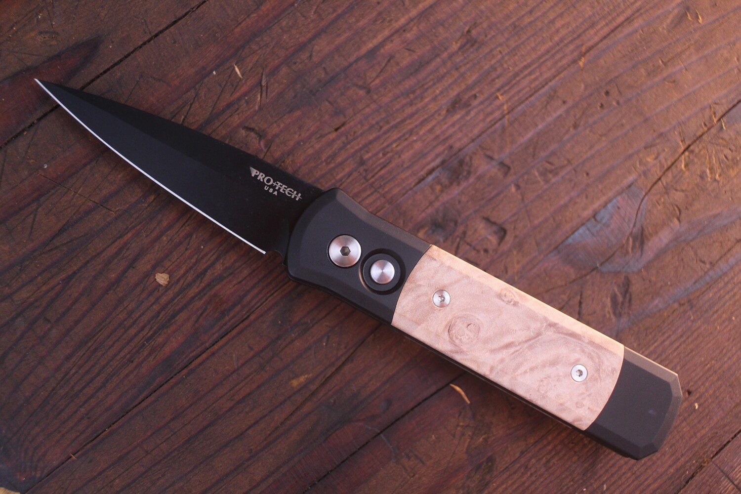 Pro-Tech Godson 3.15&quot; Stiletto Button Lock Automatic / Black Aluminum &amp; Maple Burl / Black 154CM