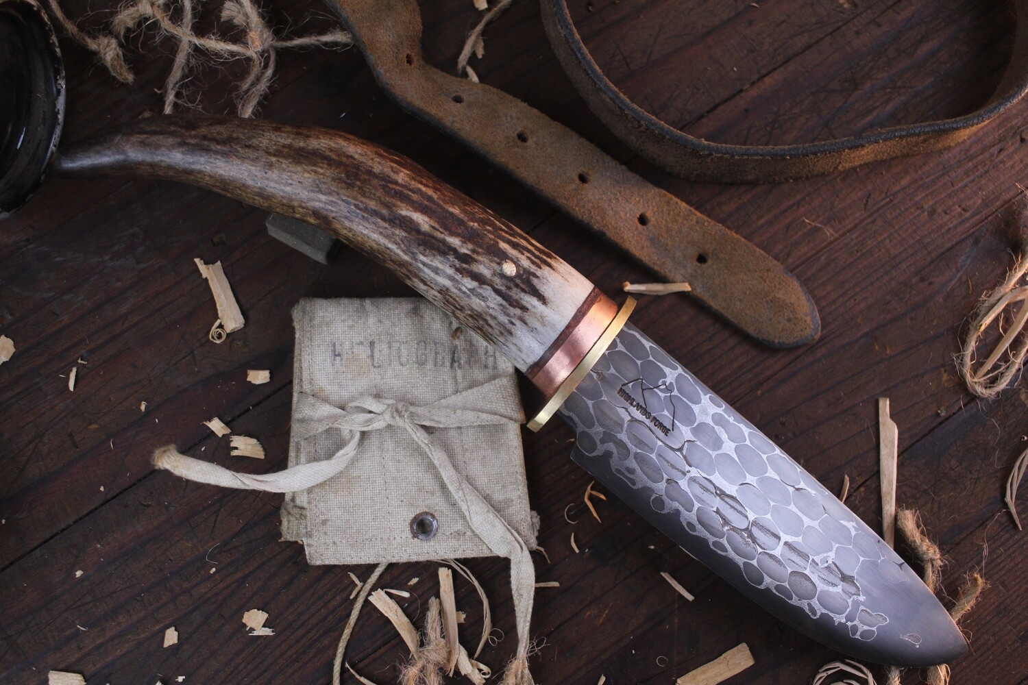 Highlands Forge 5.25&quot; Camp Knife  / Moose Antler With Copper Bolster /  Alaskan Forged Snake Skin Damascus ( 1095 Core )