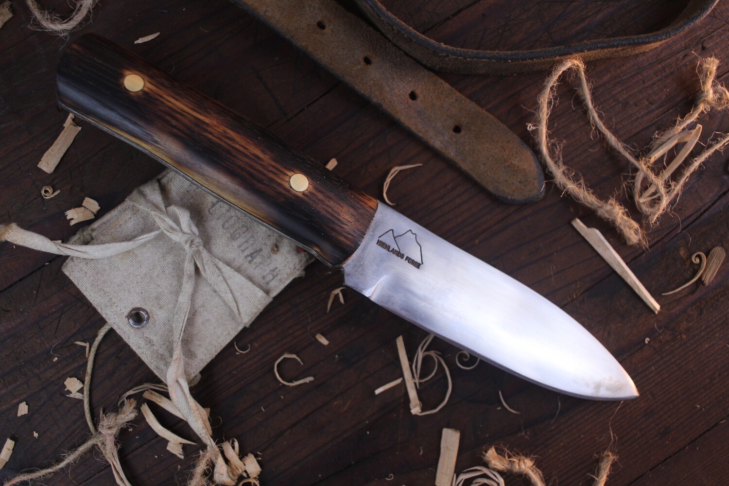 Highlands Forge Bushcrafter 4.25&quot; Fixed Blade / Charred Oak /  Satin Forged 1095 Spearpoint