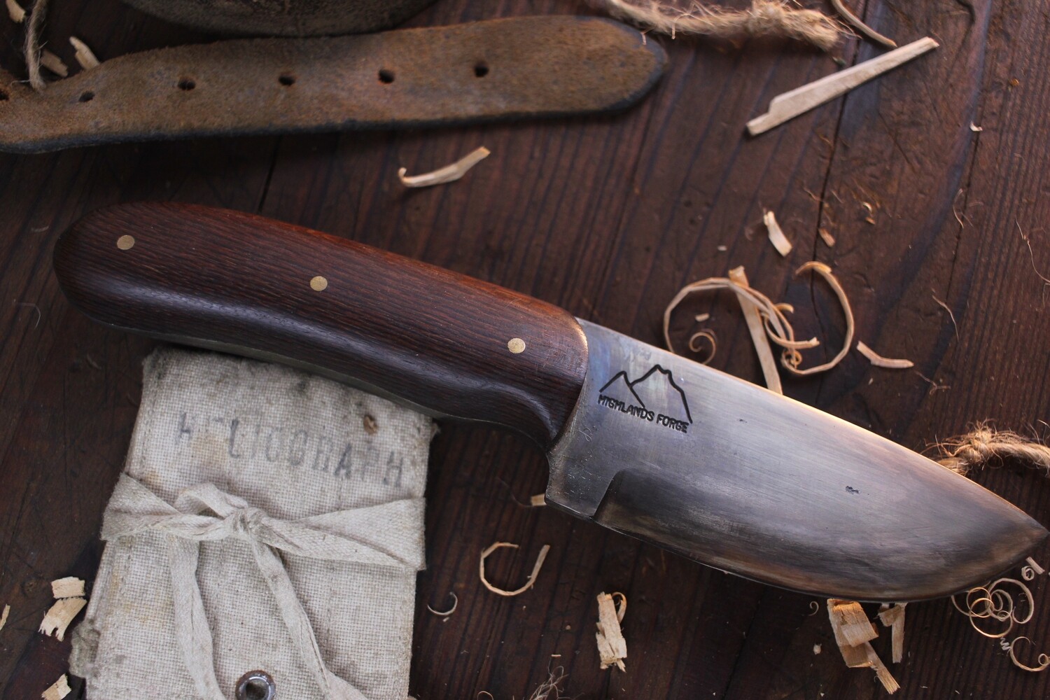 Highlands Forge 3.5&quot; Fixed Blade Skinner / Lacewood /  Gun Blued Forged 1095