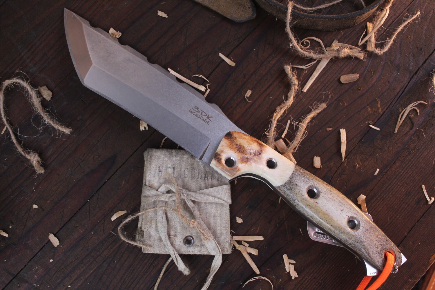 3DK &quot;AMike&quot; Amuk 6&quot; Fixed Tanto Point, Stonewashed Elmax Blade / Stellar Sea Cow Scales &amp; Walrus Ivory Bolsters