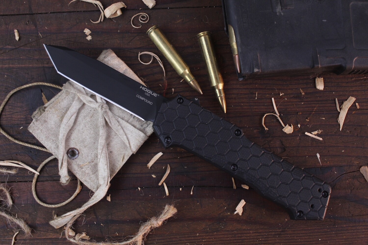 Hogue Knives Compound 3.5&quot; OTF Automatic / Black G-10 &amp; Tritium Infused Trigger / Black S30V Tanto