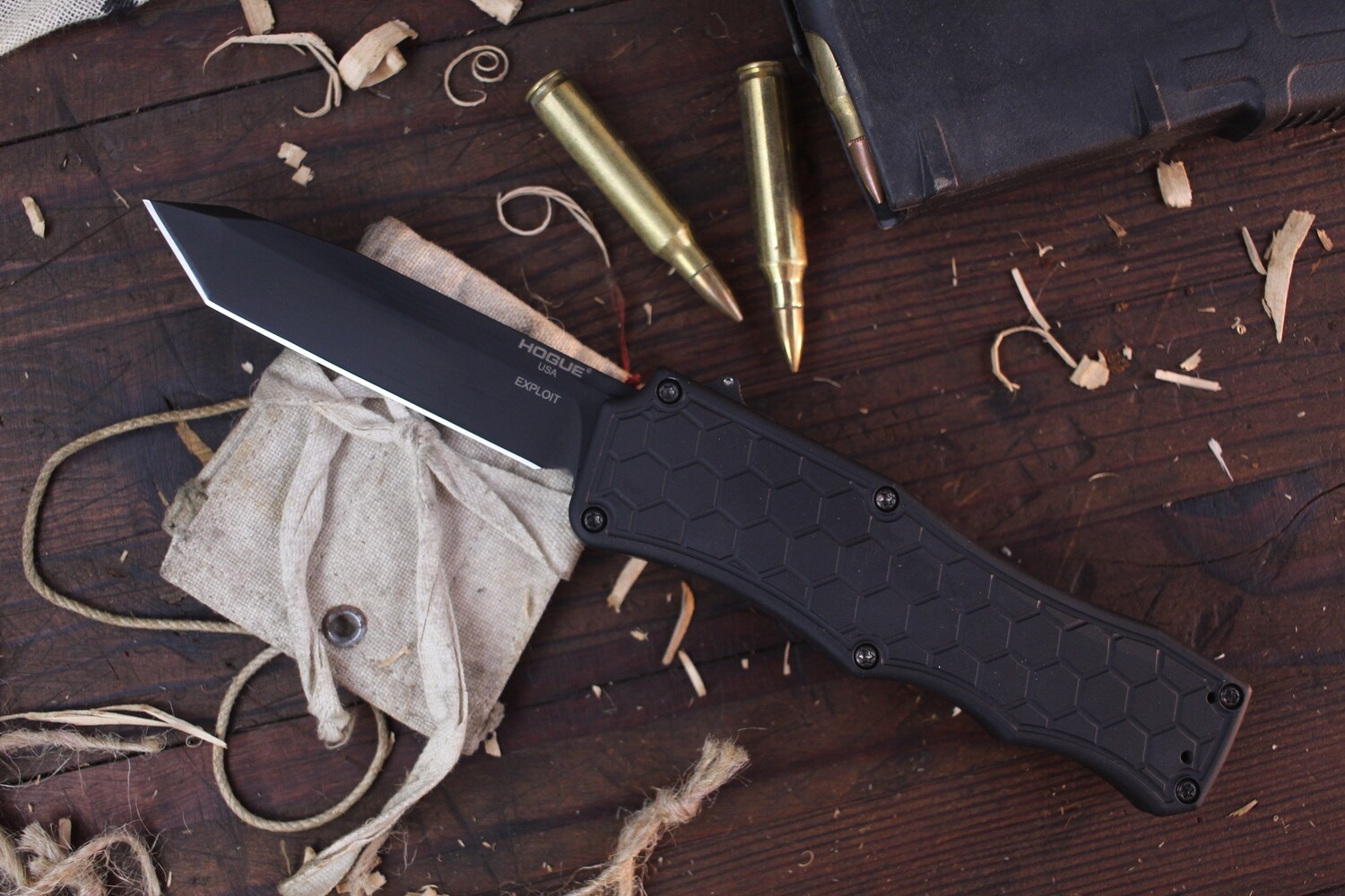 Hogue Knives Exploit  3.5&quot; OTF Automatic / Black Aluminum &amp; Tritium Infused Trigger / Black PVD S30V Tanto