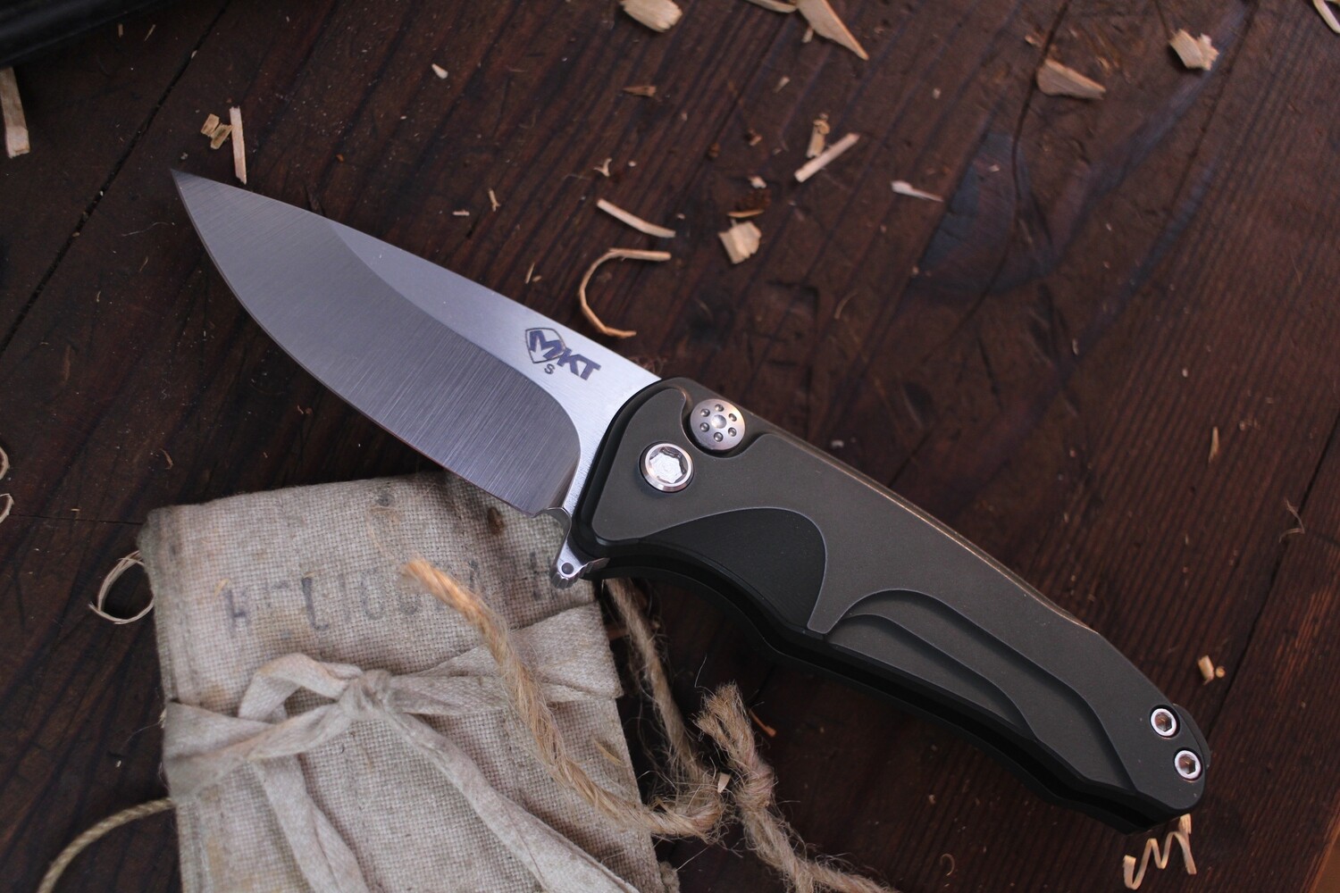 Medford Knife and Tool (MKT) Smooth Criminal 3&quot; Plunge Lock Flipper / Green Aluminum / Stonewashed S35VN