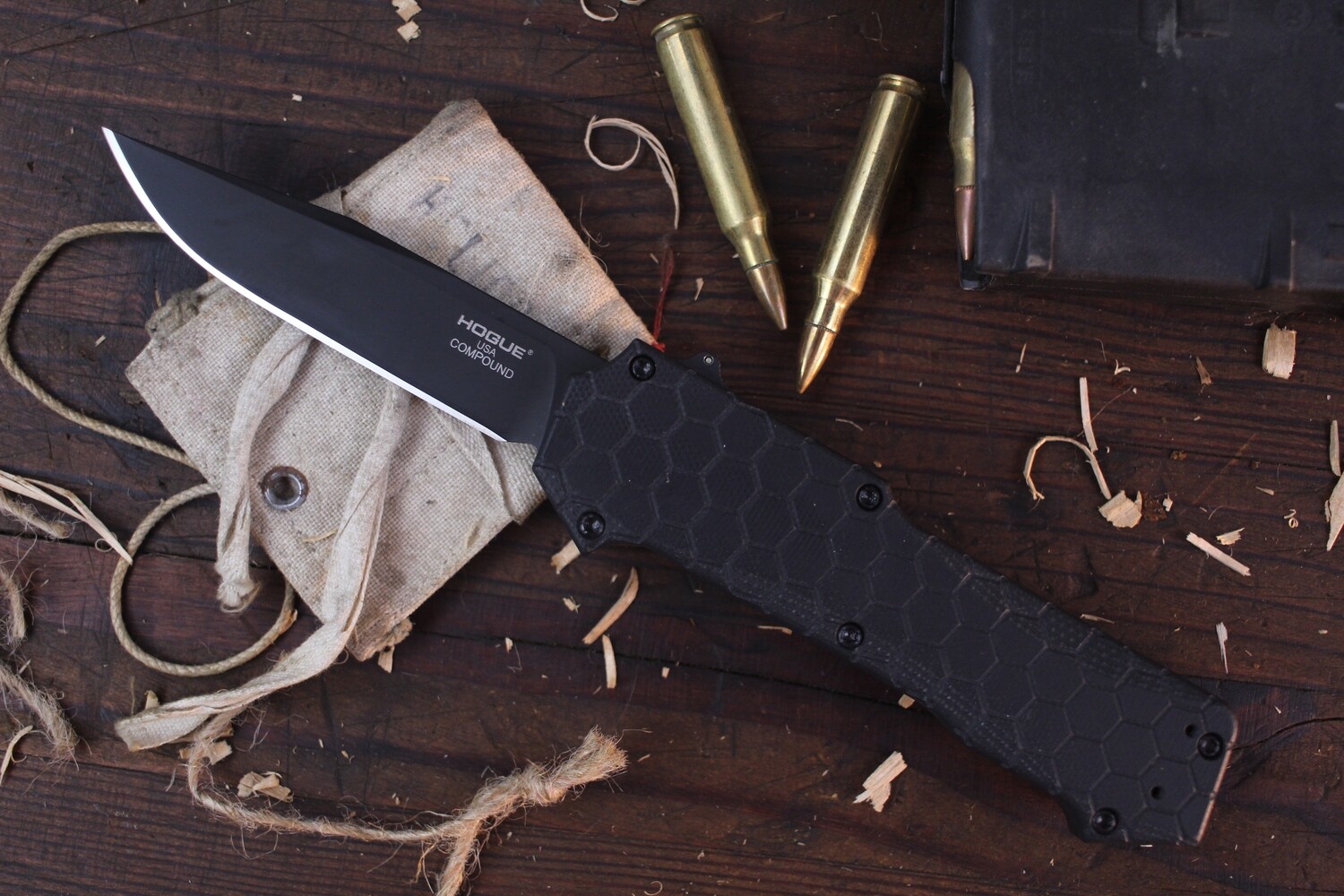 Hogue Knives Compound 3.5&quot; OTF Automatic / Black G-10 &amp; Tritium Infused Trigger / Black S30V Clip Point
