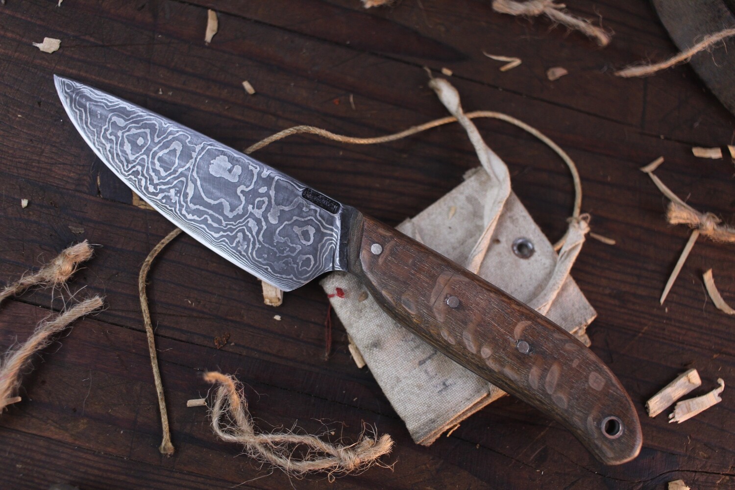 Mark Couch Hand Forged 4.5&quot; Drop Point / Lacewood / AK Damascus