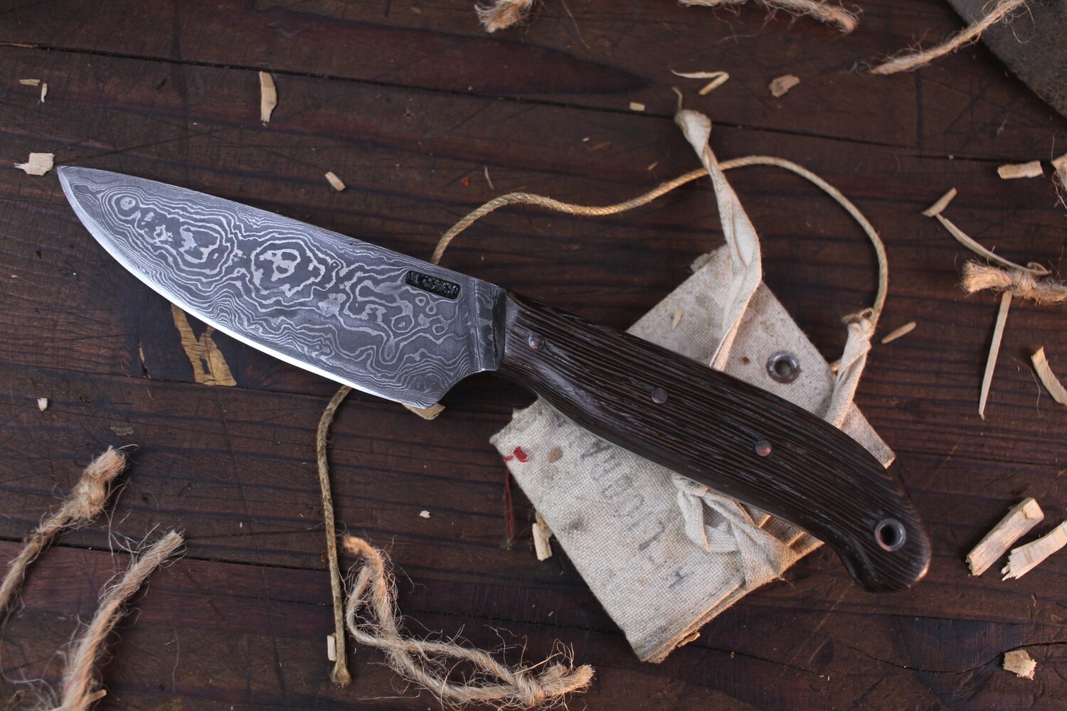Mark Couch Hand Forged 4&quot; Drop Point / Wenge / Alaskan Forged Damascus