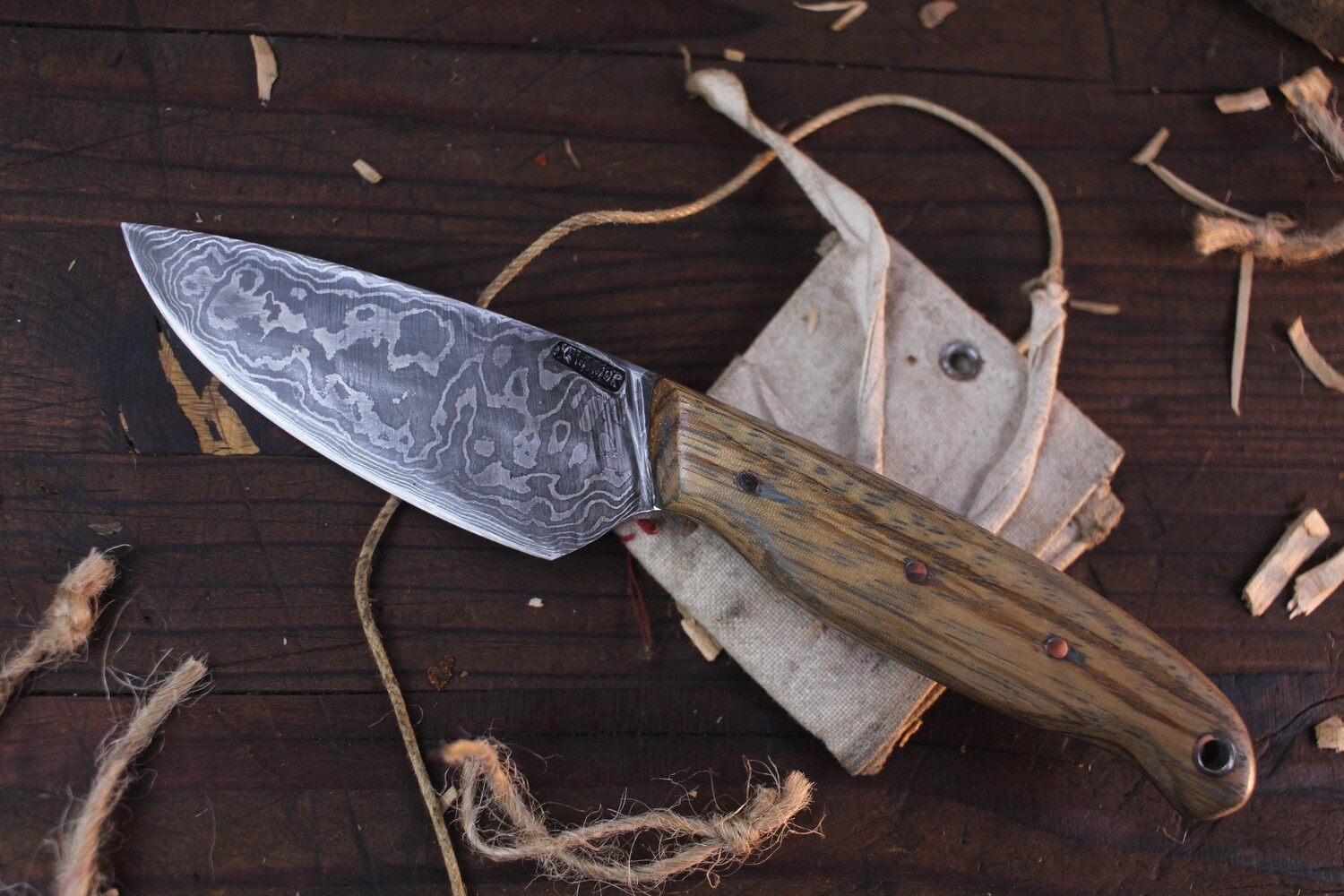 Mark Couch Hand Forged 4&quot; Drop Point / Zebra Wood / AK Damascus