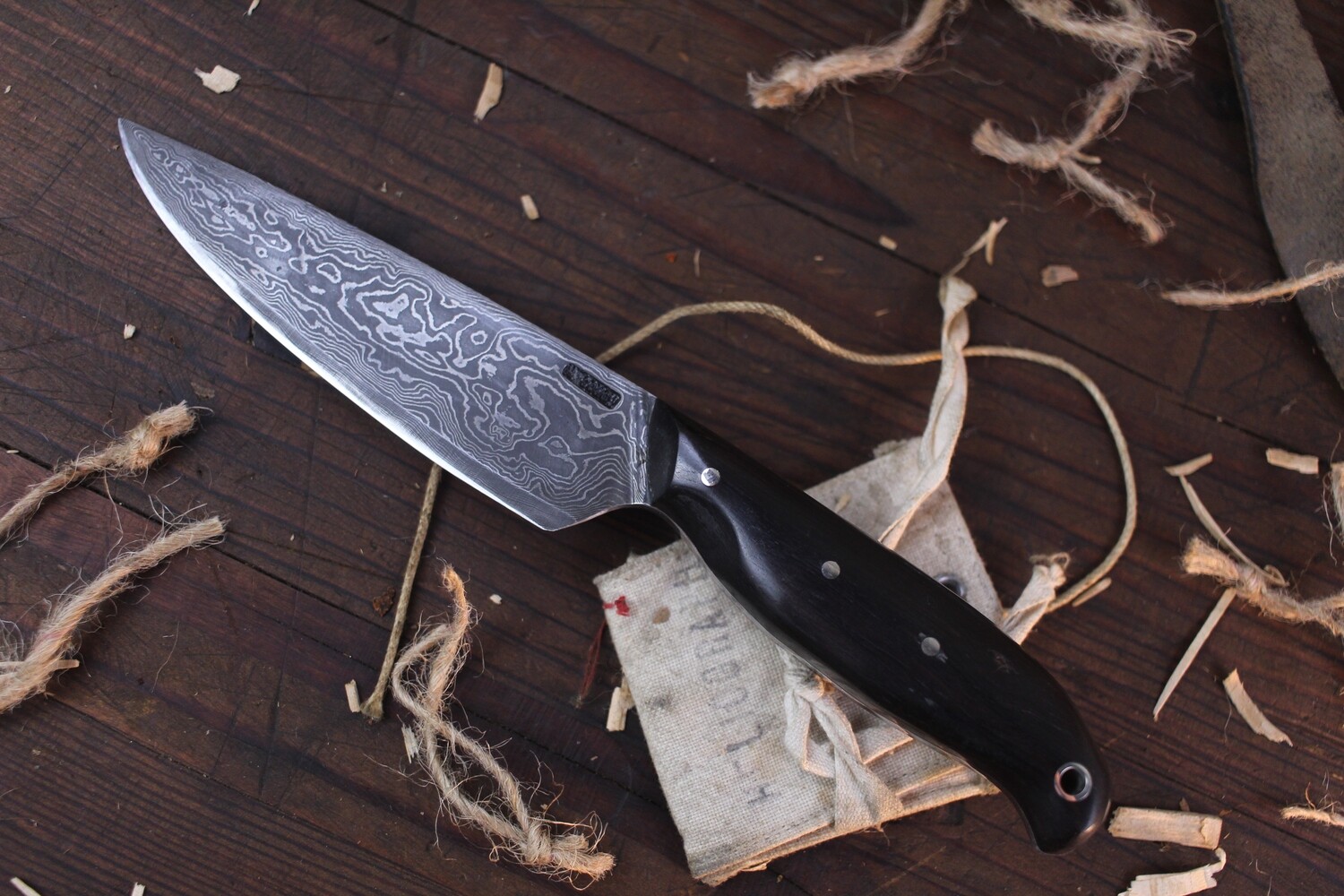 Mark Couch Hand Forged 5&quot; Drop Point / Ebony / Alaskan Forged Damascus